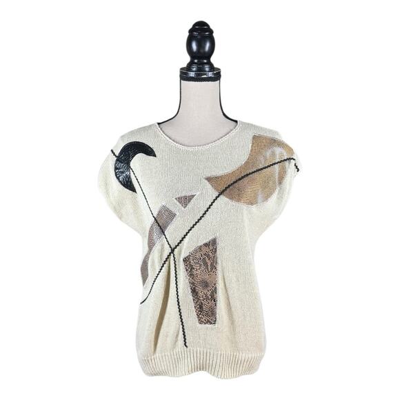 Vintage 80’s Geometric Faux Leather Appliqué Sweater Vest - Picture 1 of 4